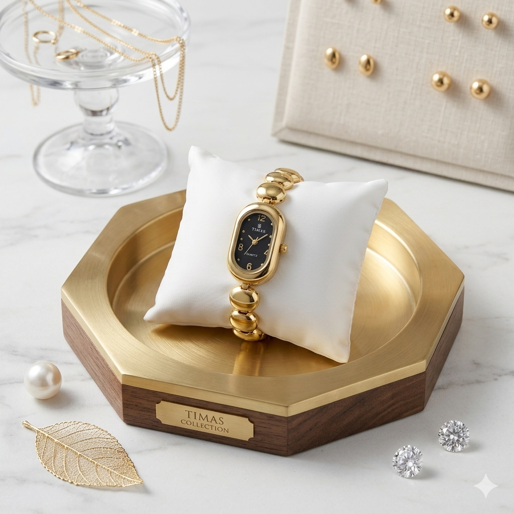 Square golden watch with black dial
