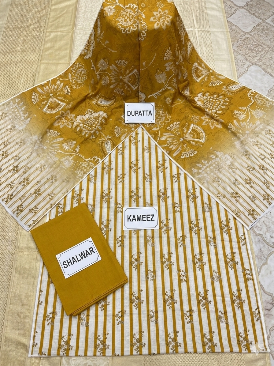 Mustard Yellow Digital Printed 3-Piece Lawn Suit | Stripe Kameez + Plain Trouser + Floral Dupatta