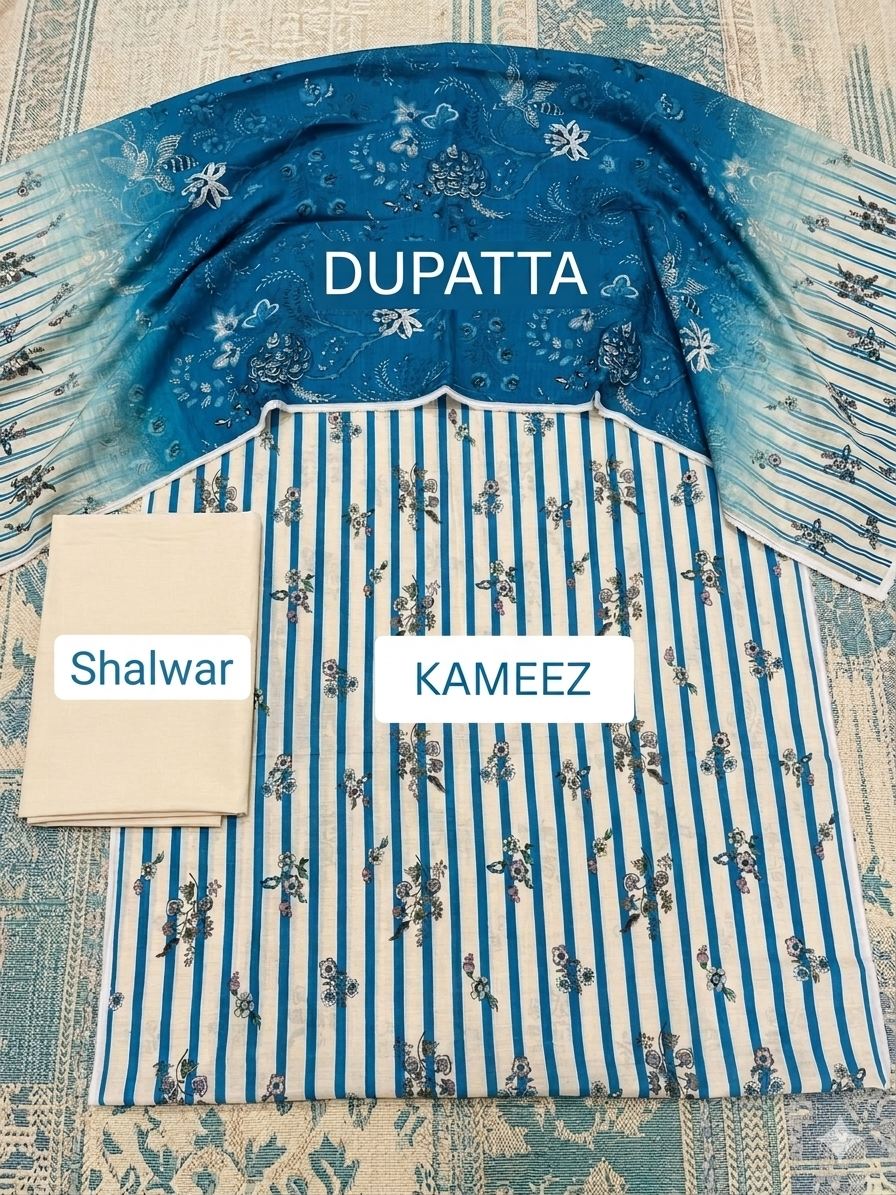 Mustard Yellow Digital Printed 3-Piece Lawn Suit | Stripe Kameez + Plain Trouser + Floral Dupatta