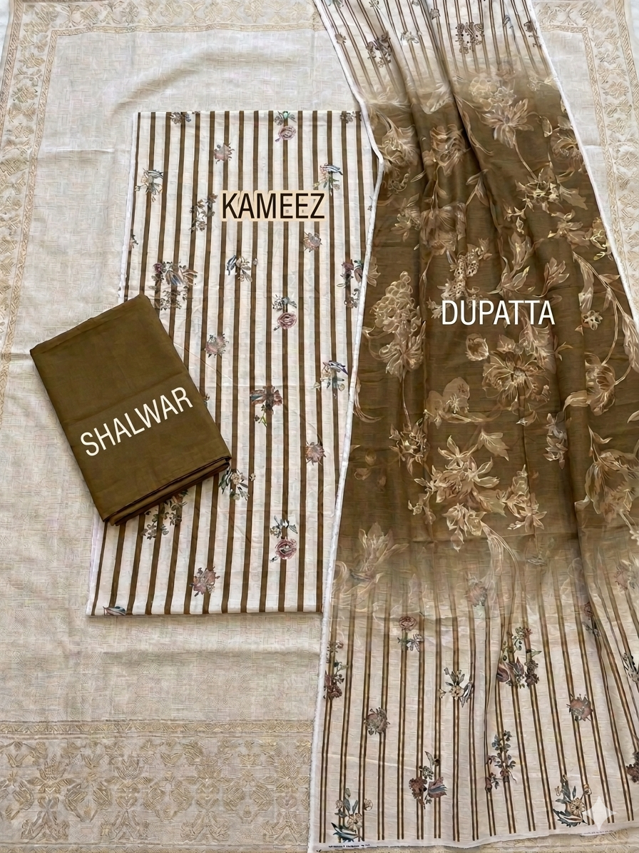 Mustard Yellow Digital Printed 3-Piece Lawn Suit | Stripe Kameez + Plain Trouser + Floral Dupatta