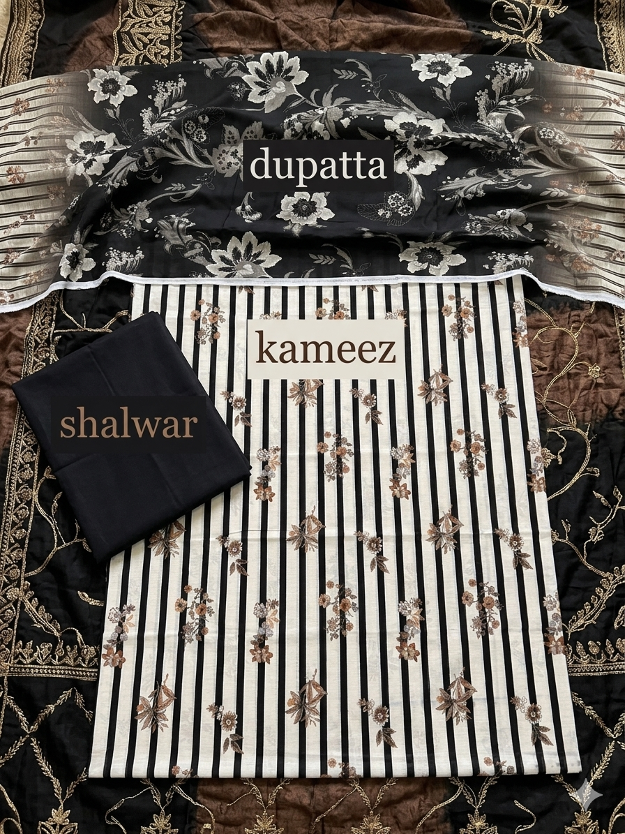 Mustard Yellow Digital Printed 3-Piece Lawn Suit | Stripe Kameez + Plain Trouser + Floral Dupatta