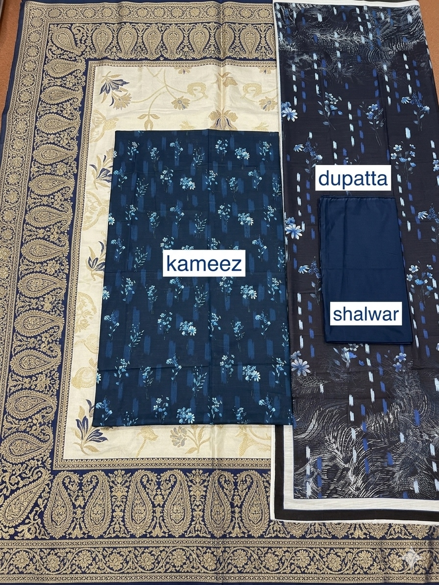 Navy Blue Digital Printed 3-Piece Lawn Suit | Floral Kameez + Plain Trouser + Paisley Border Dupatta