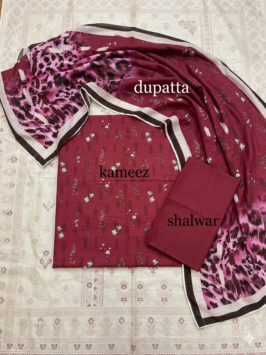 Navy Blue Digital Printed 3-Piece Lawn Suit | Floral Kameez + Plain Trouser + Paisley Border Dupatta