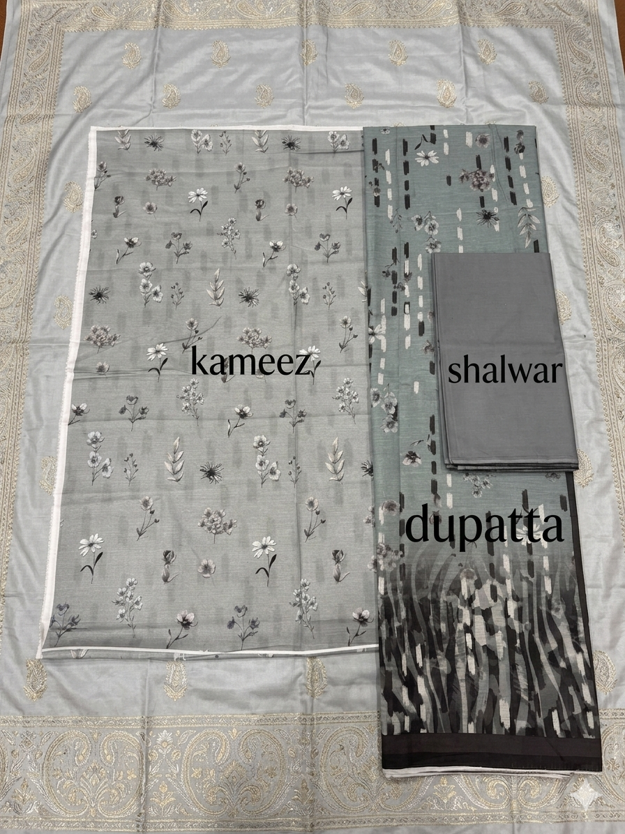 Navy Blue Digital Printed 3-Piece Lawn Suit | Floral Kameez + Plain Trouser + Paisley Border Dupatta