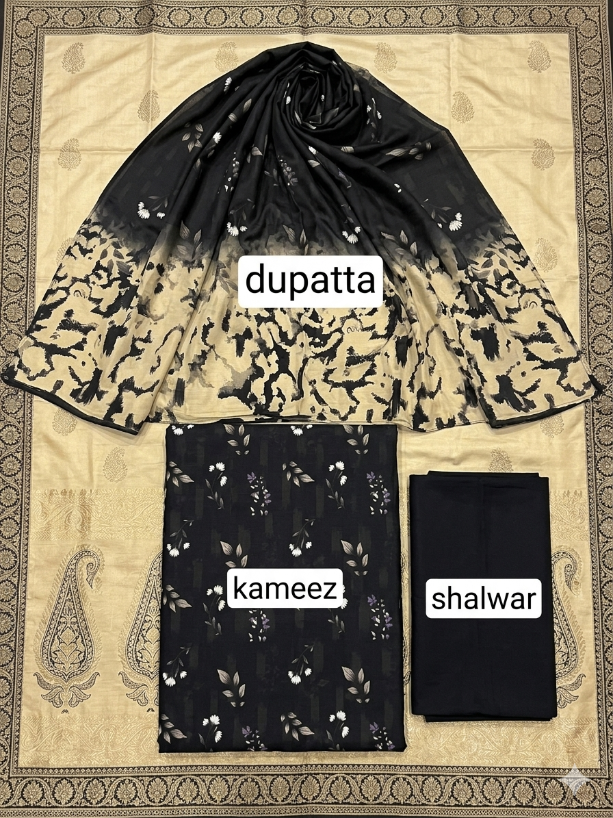 Navy Blue Digital Printed 3-Piece Lawn Suit | Floral Kameez + Plain Trouser + Paisley Border Dupatta