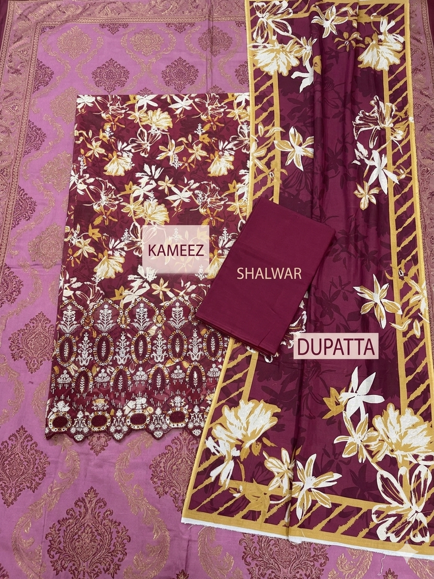 Maroon & Mustard Embroidered Daman 3-Piece Lawn Suit | Floral Kameez + Border Dupatta