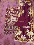 Maroon & Mustard Embroidered Daman 3-Piece Lawn Suit | Floral Kameez + Border Dupatta