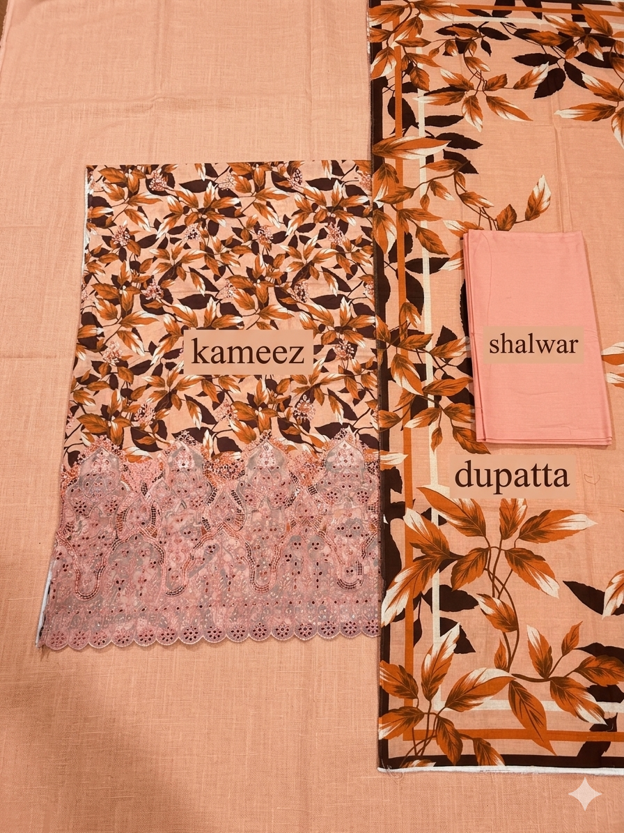Maroon & Mustard Embroidered Daman 3-Piece Lawn Suit | Floral Kameez + Border Dupatta