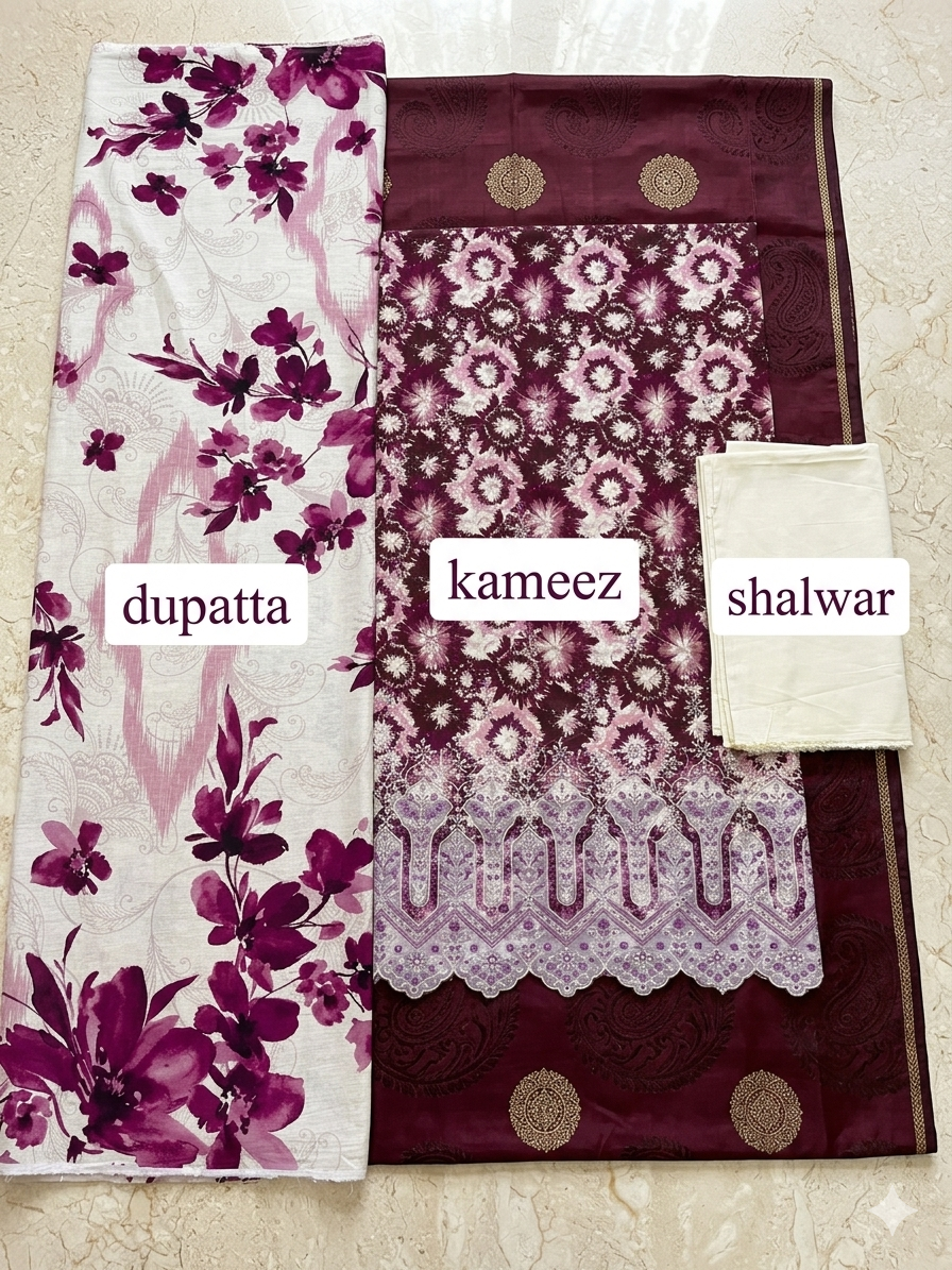 Maroon & Mustard Embroidered Daman 3-Piece Lawn Suit | Floral Kameez + Border Dupatta