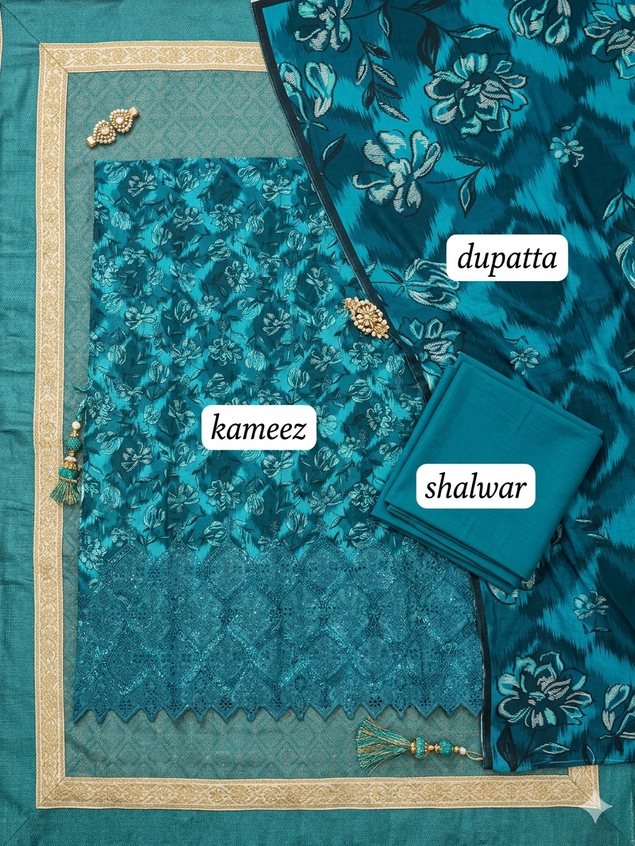 Maroon & Mustard Embroidered Daman 3-Piece Lawn Suit | Floral Kameez + Border Dupatta