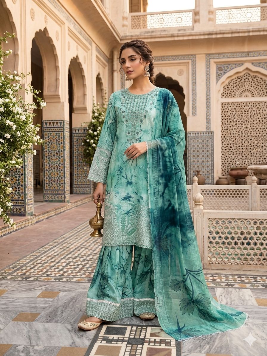 A Midnight Ivory Elegance – Embroidered Lawn Suit In Golden Yellow