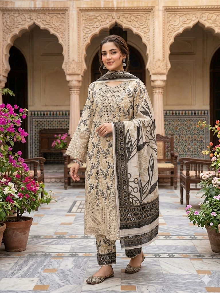A Midnight Ivory Elegance – Embroidered Lawn Suit In Golden Yellow