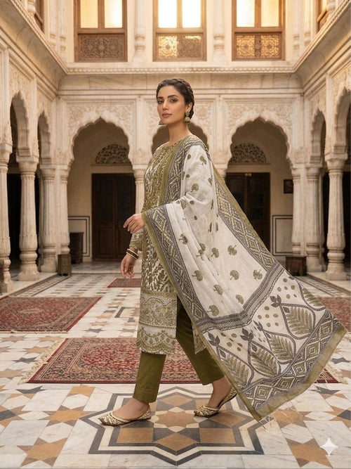 A Midnight Ivory Elegance – Embroidered Lawn Suit In Golden Yellow