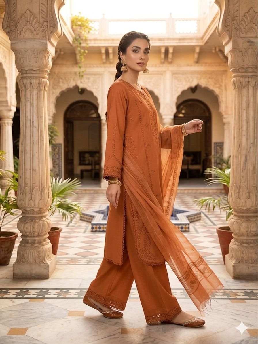 A Midnight Ivory Elegance – Embroidered Lawn Suit In Golden Yellow