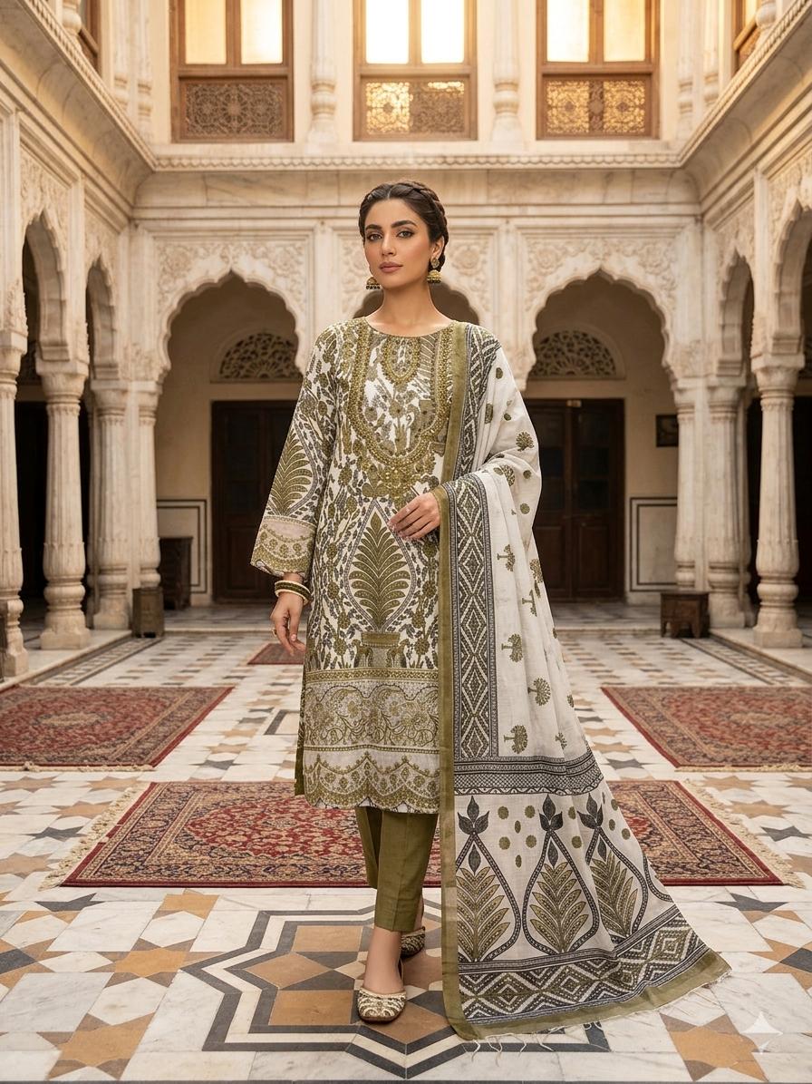 A Midnight Ivory Elegance – Embroidered Lawn Suit In Golden Yellow