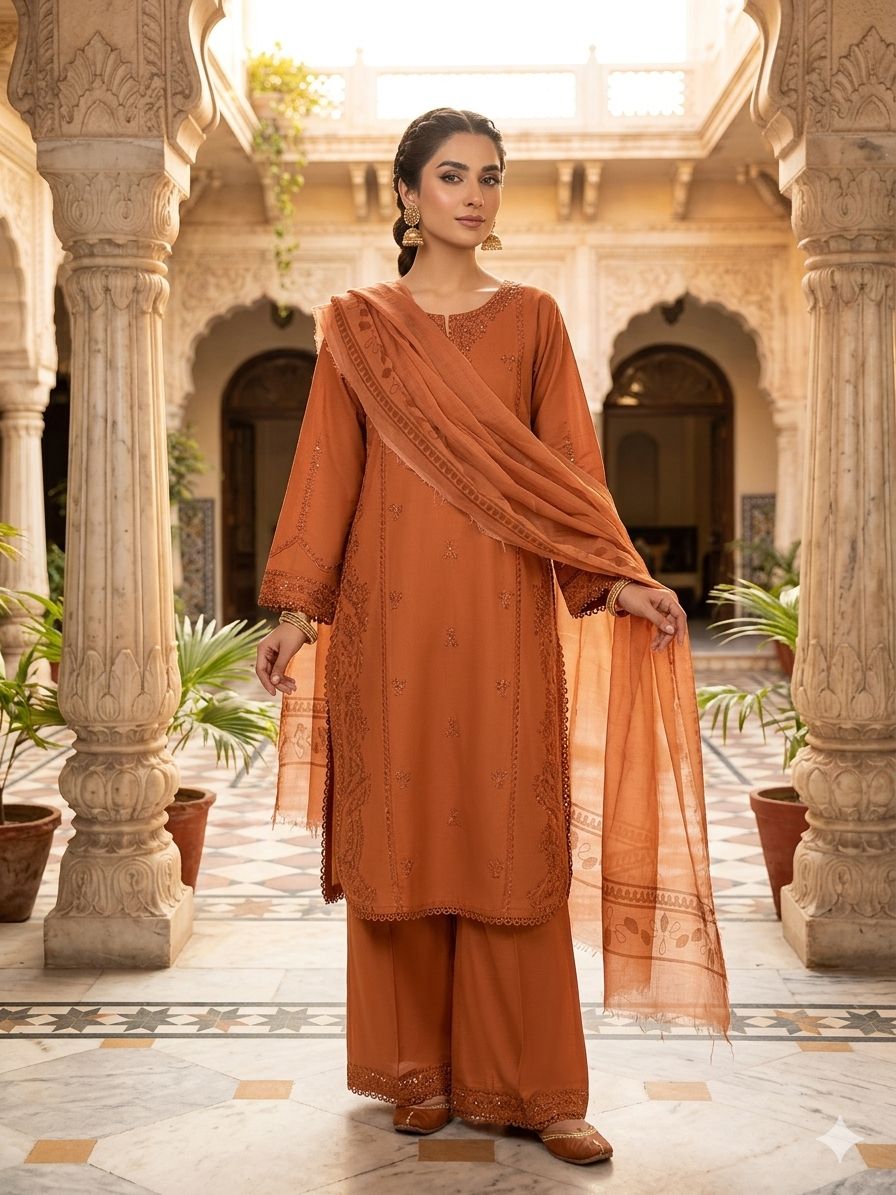 A Midnight Ivory Elegance – Embroidered Lawn Suit In Golden Yellow