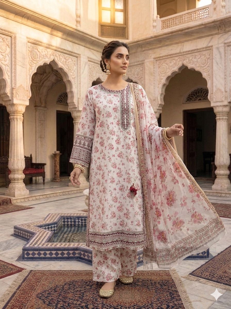 A Midnight Ivory Elegance – Embroidered Lawn Suit In Golden Yellow
