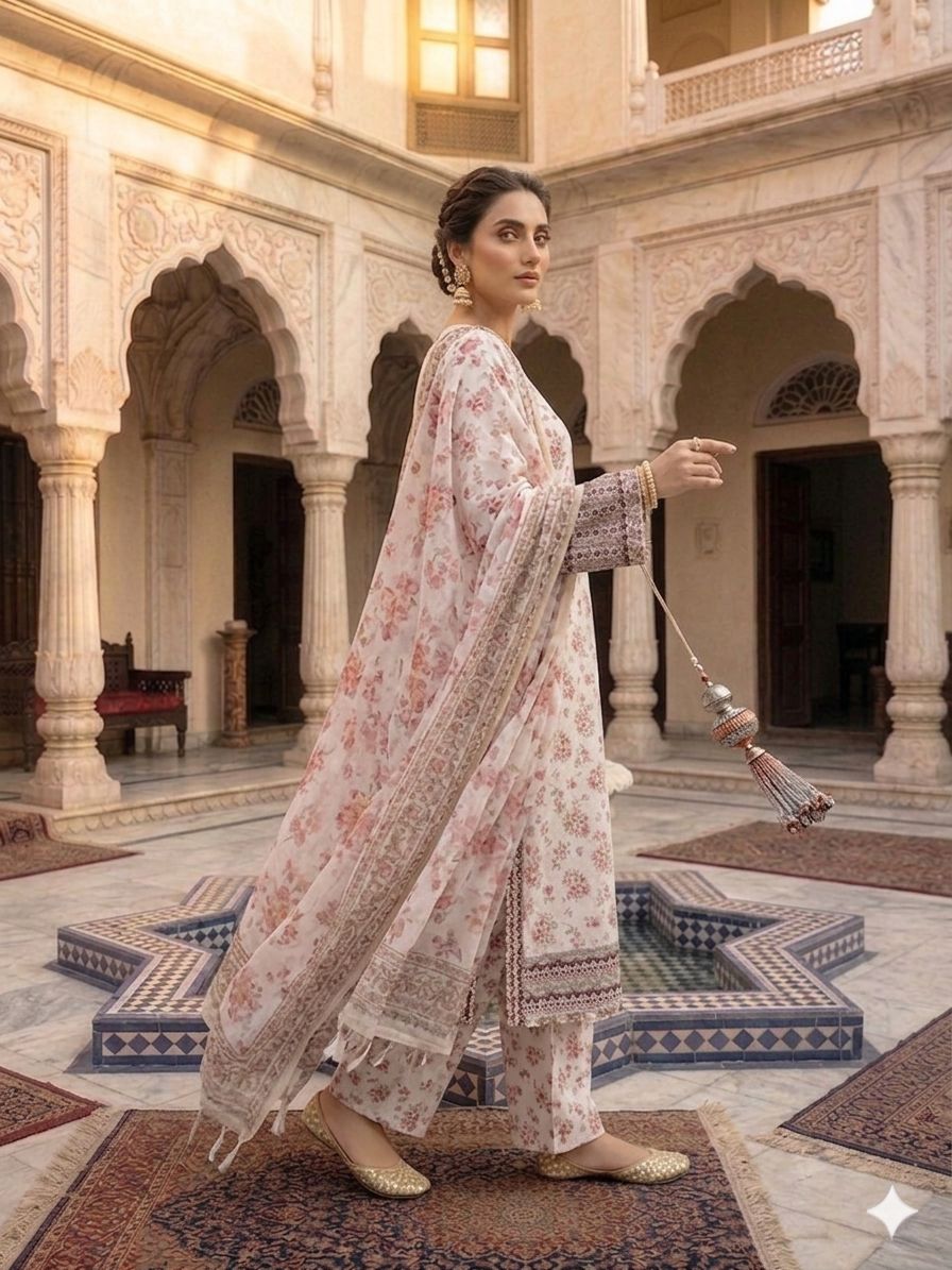 A Midnight Ivory Elegance – Embroidered Lawn Suit In Golden Yellow