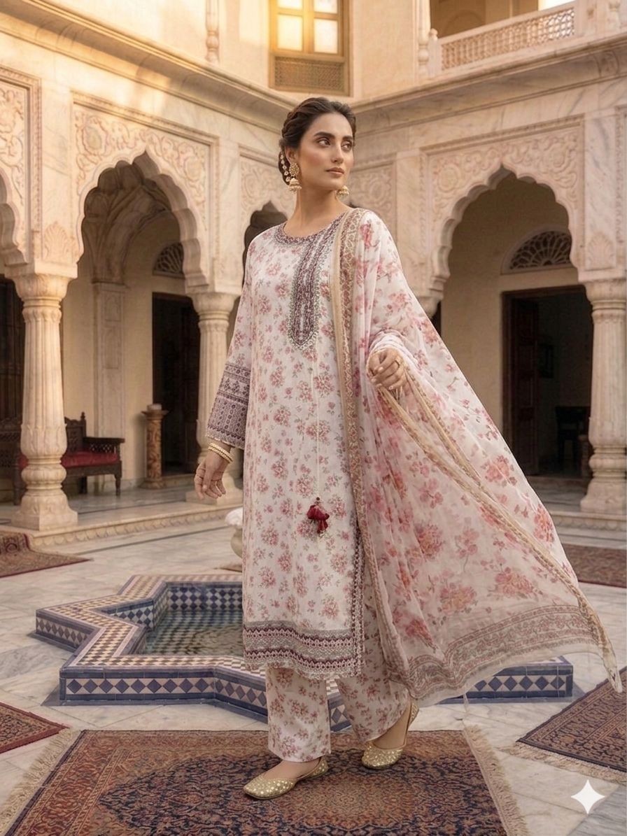 A Midnight Ivory Elegance – Embroidered Lawn Suit In Golden Yellow