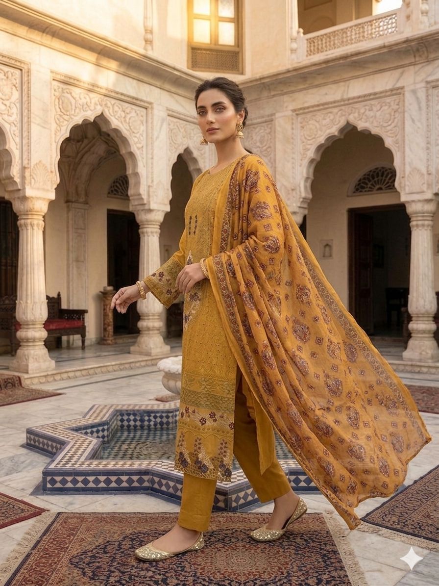 A Midnight Ivory Elegance – Embroidered Lawn Suit In Golden Yellow (Copy)
