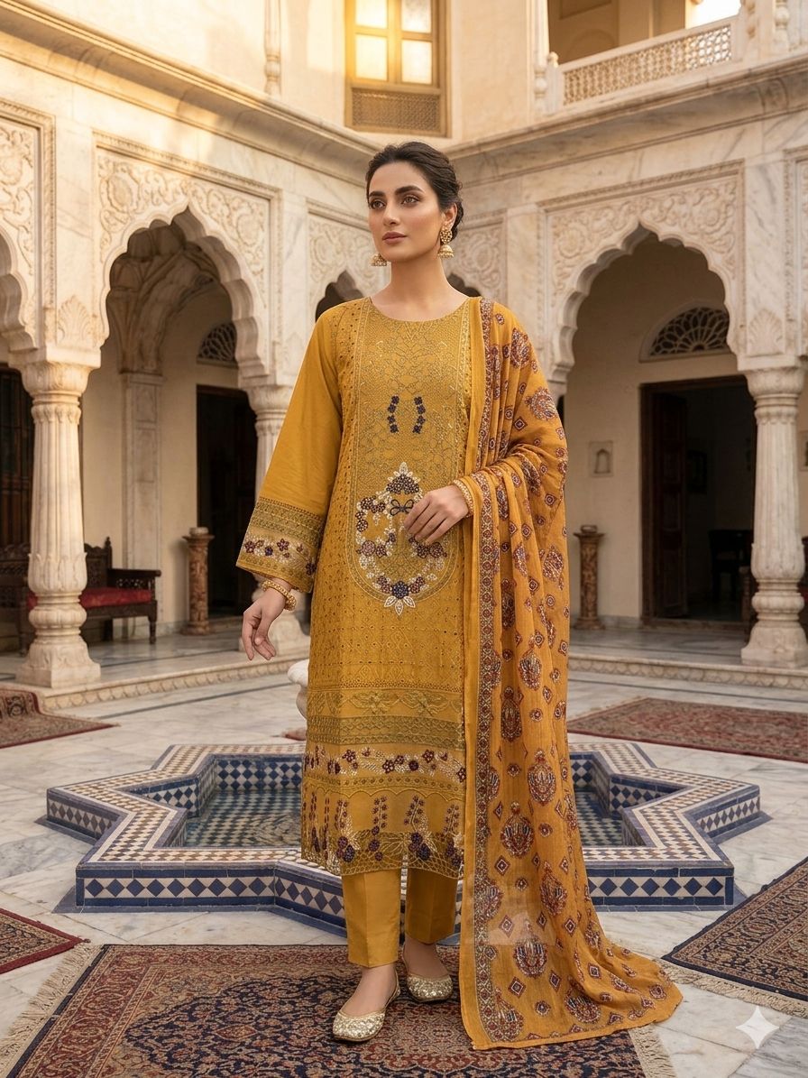A Midnight Ivory Elegance – Embroidered Lawn Suit In Golden Yellow (Copy)