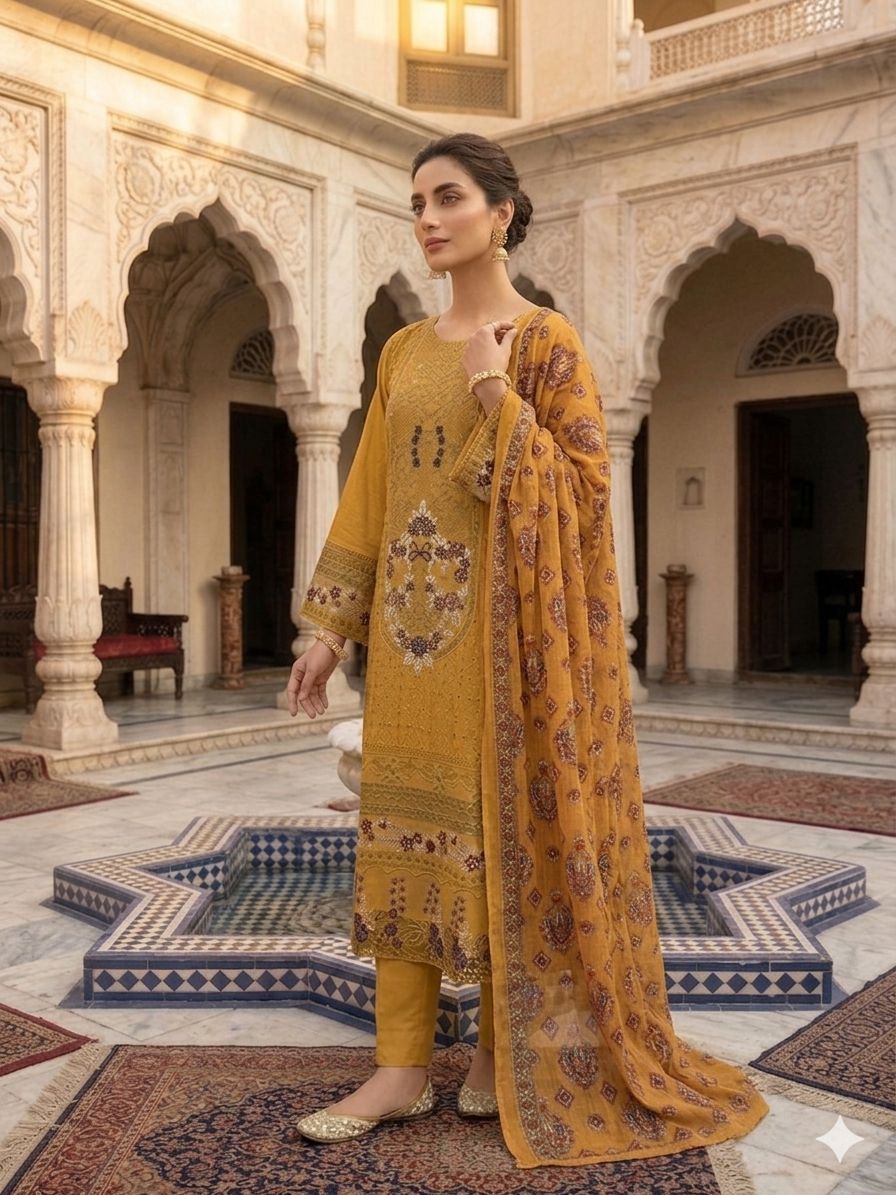 A Midnight Ivory Elegance – Embroidered Lawn Suit In Golden Yellow (Copy)