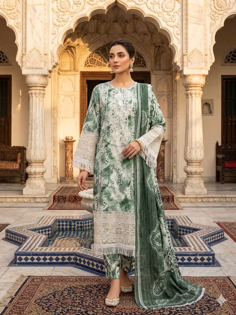 A Midnight Ivory Elegance – Embroidered Lawn Suit In Golden Yellow