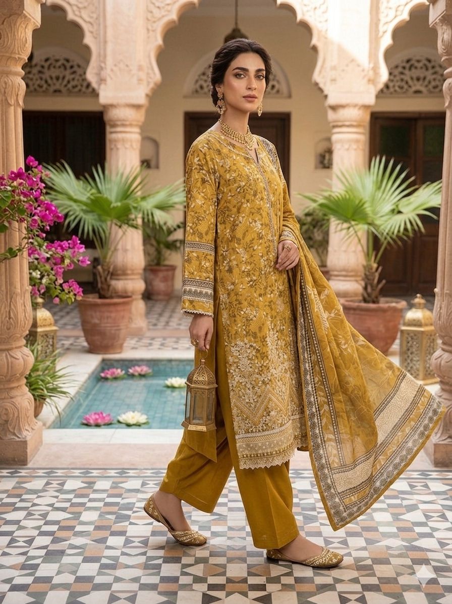 A Midnight Ivory Elegance – Embroidered Lawn Suit In Golden Yellow