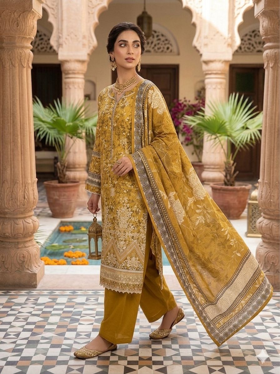 A Midnight Ivory Elegance – Embroidered Lawn Suit In Golden Yellow