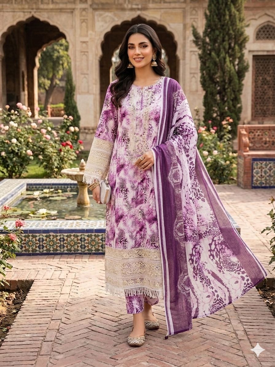 A Midnight Ivory Elegance – Embroidered Lawn Suit In Golden Yellow (Copy)
