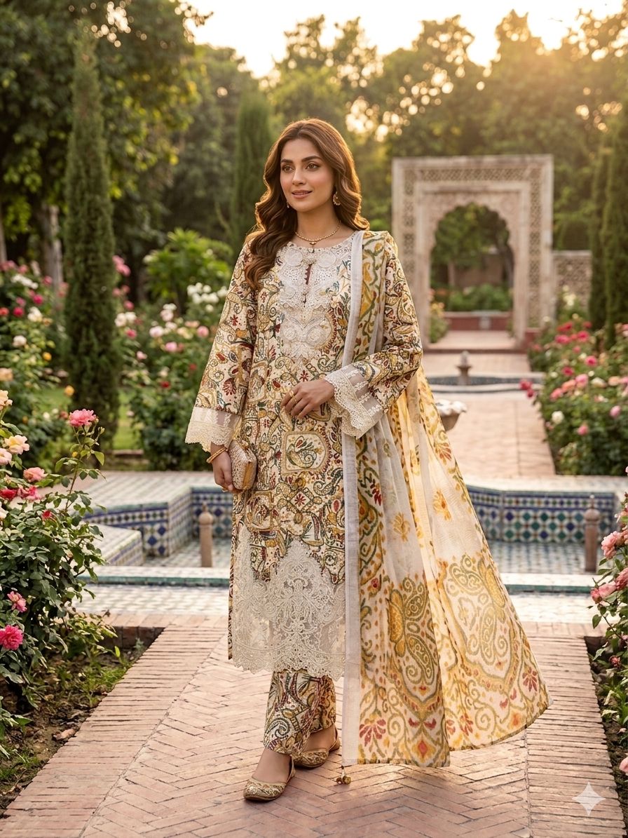A Midnight Ivory Elegance – Embroidered Lawn Suit In Golden Yellow