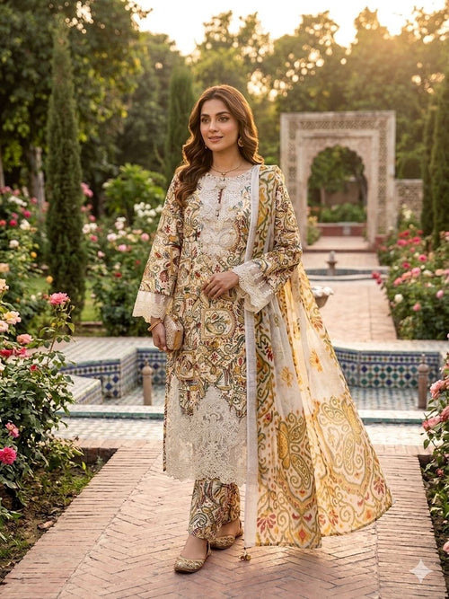 A Midnight Ivory Elegance – Embroidered Lawn Suit In Golden Yellow