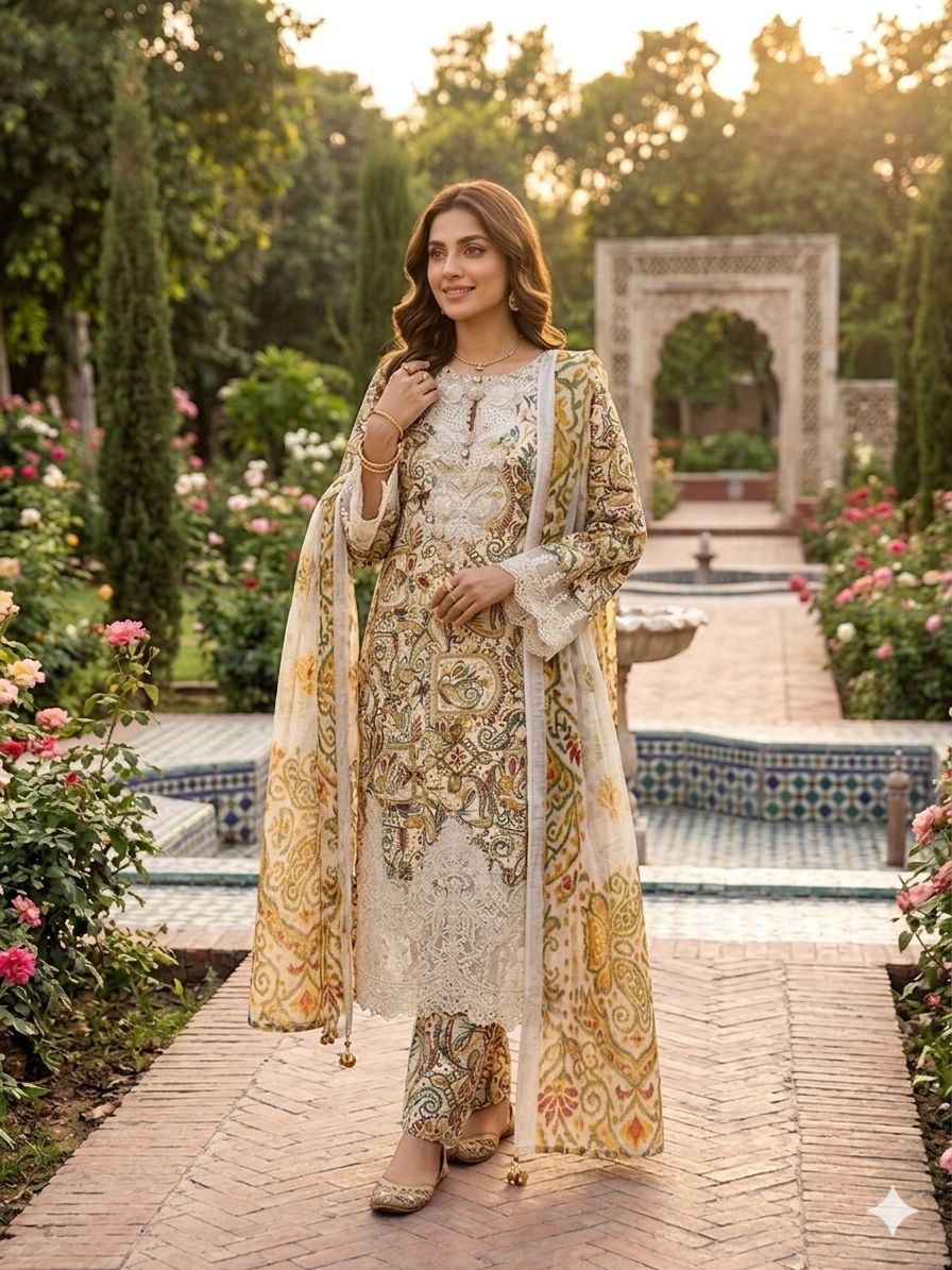 A Midnight Ivory Elegance – Embroidered Lawn Suit In Golden Yellow