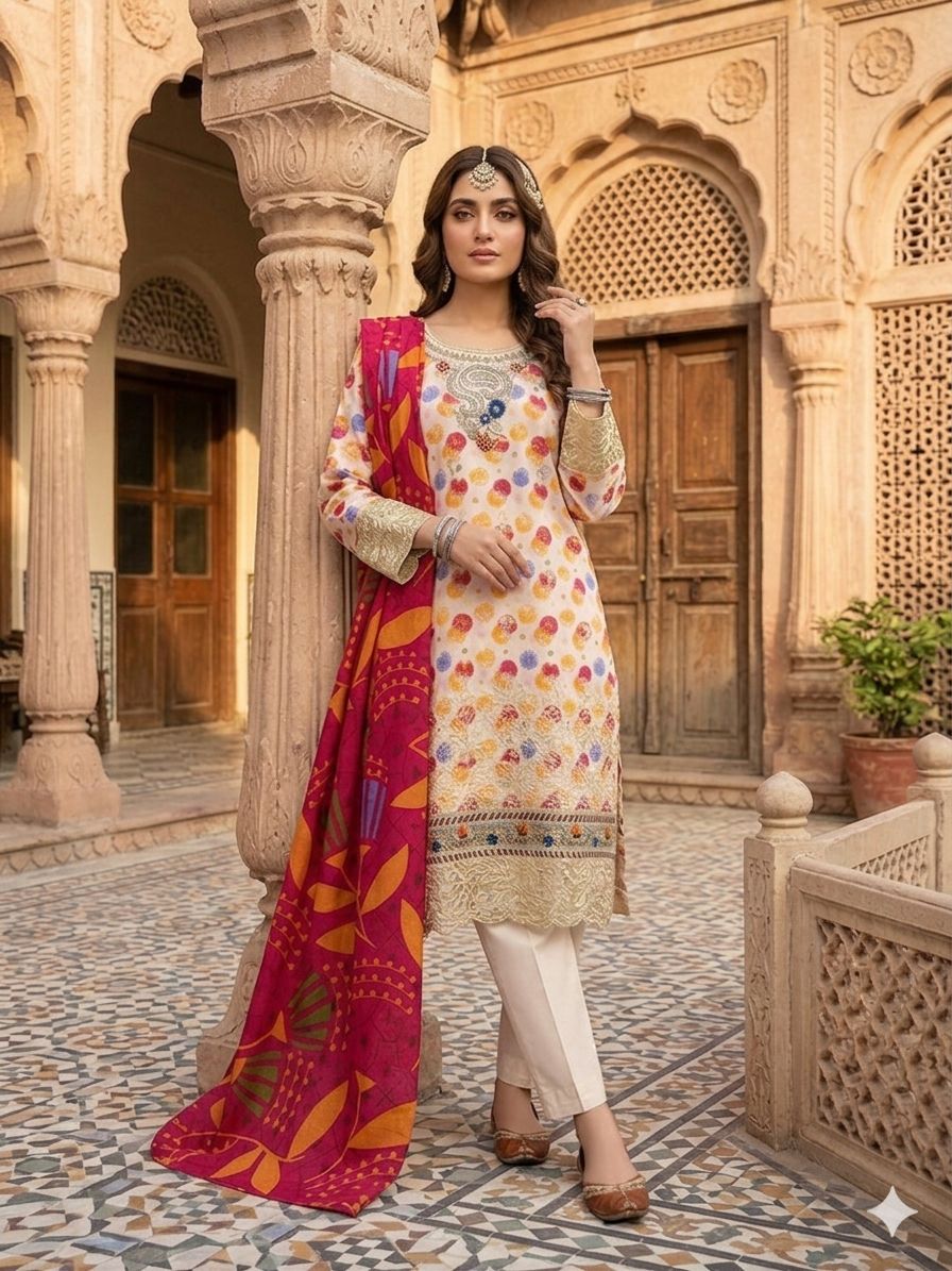 A Midnight Ivory Elegance – Embroidered Lawn Suit In Golden Yellow