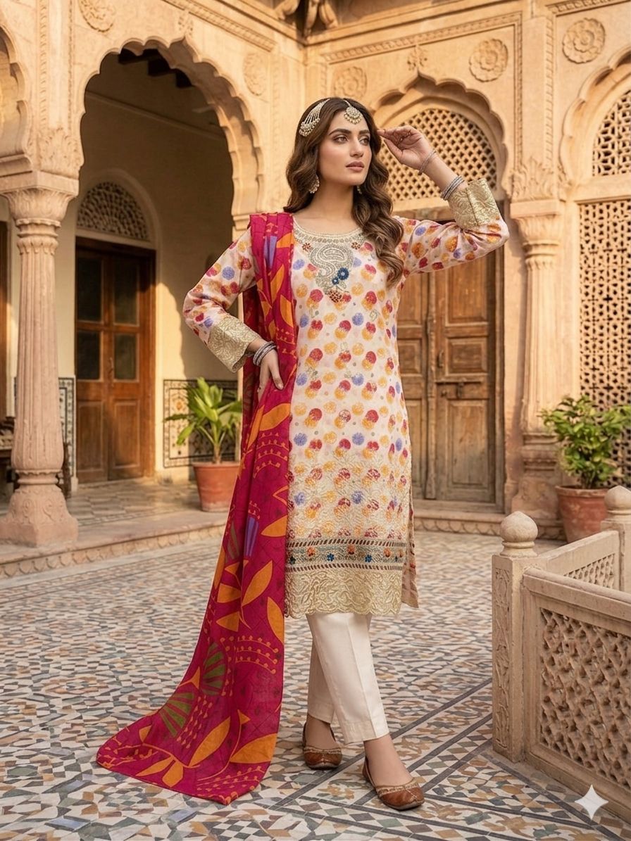 A Midnight Ivory Elegance – Embroidered Lawn Suit In Golden Yellow