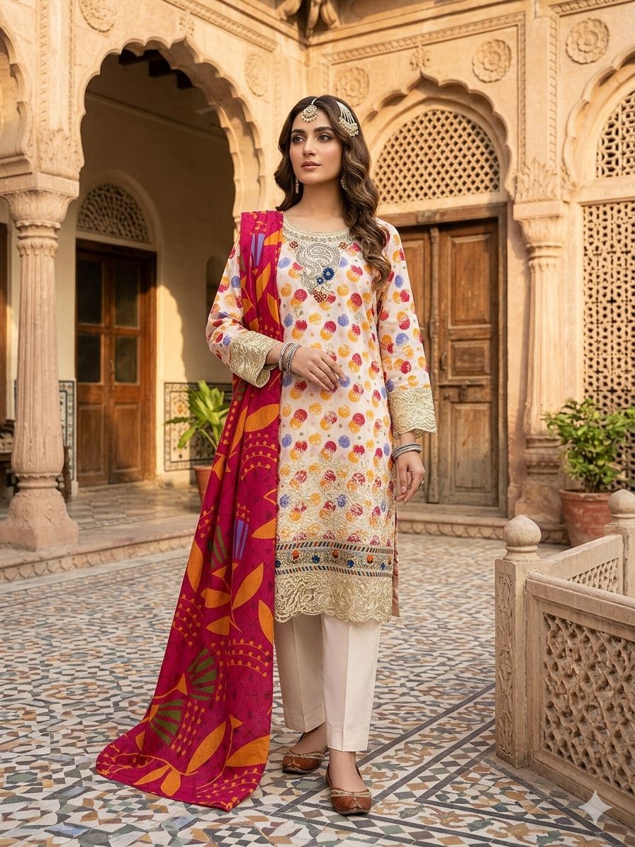 A Midnight Ivory Elegance – Embroidered Lawn Suit In Golden Yellow