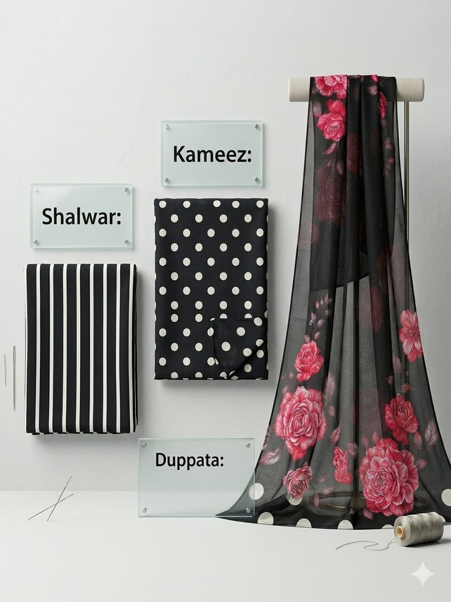 Elegant 3 Piece Unstiched Lawn Suit – Black Floral Print with Polka Dot Design