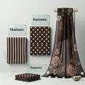 Elegant 3 Piece Unstitched Suit – Brown Floral Dupatta with Polka Dot Design