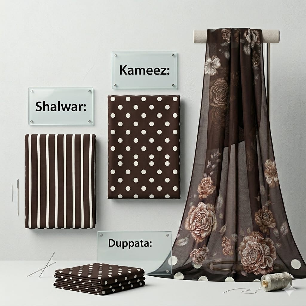 Elegant 3 Piece Unstitched Suit – Brown Floral Dupatta with Polka Dot Design