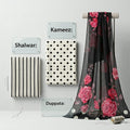 Elegant 3 Piece Unstitched Suit – White & Black Polka Dot with Black Floral Dupatta