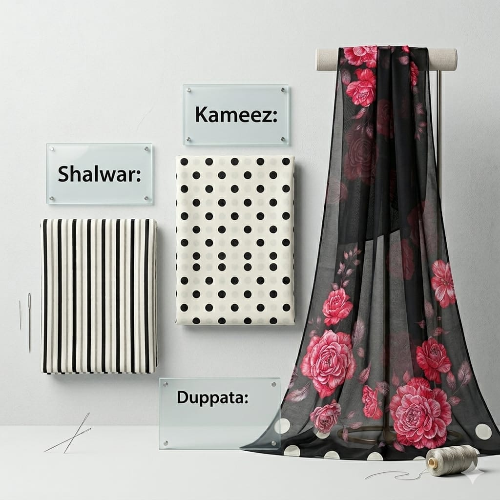 Elegant 3 Piece Unstitched Suit – White & Black Polka Dot with Black Floral Dupatta