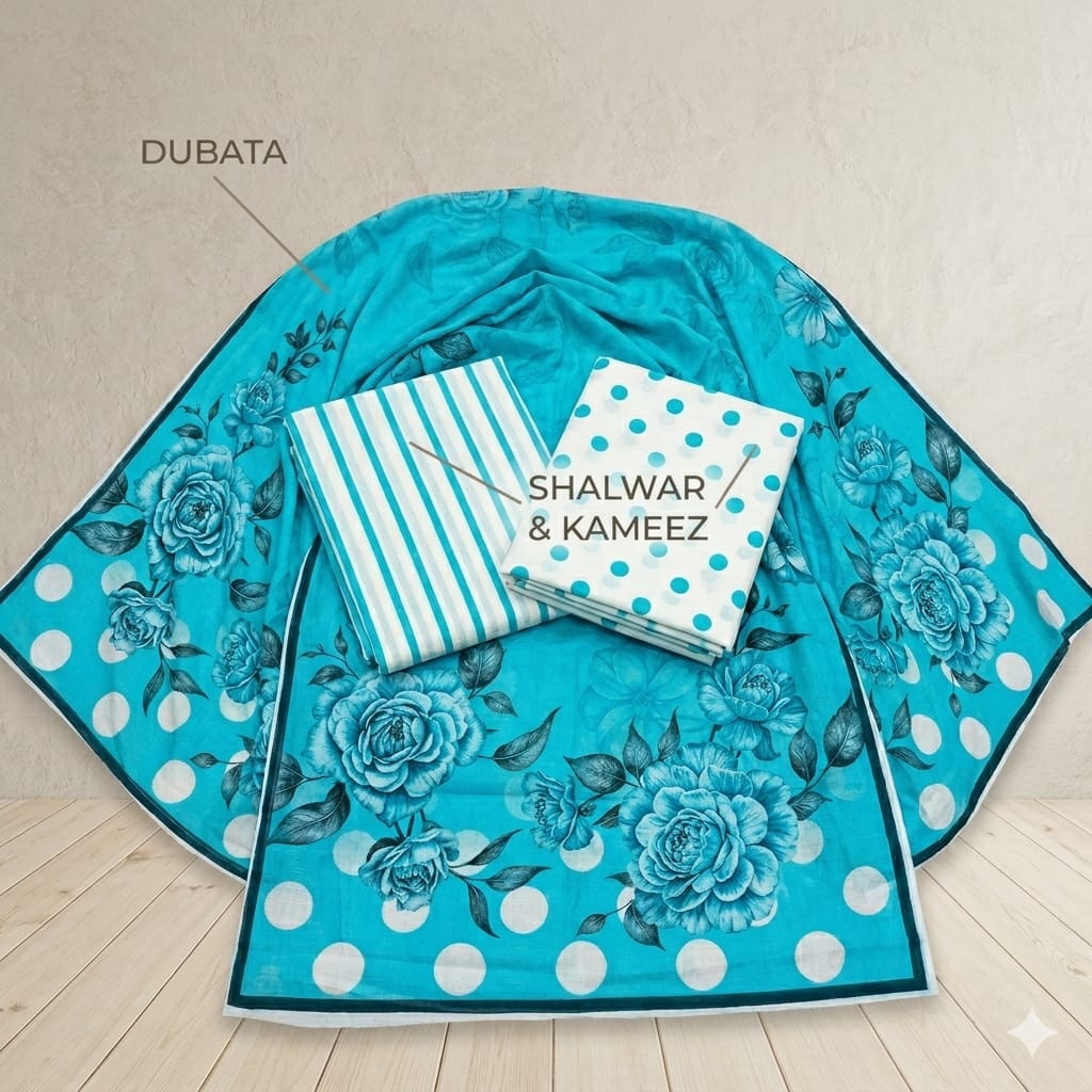 Premium 3-Piece Summer Lawn Unstitched Suit – Vibrant Turquoise Floral, Polka Dot & Stripe Mix