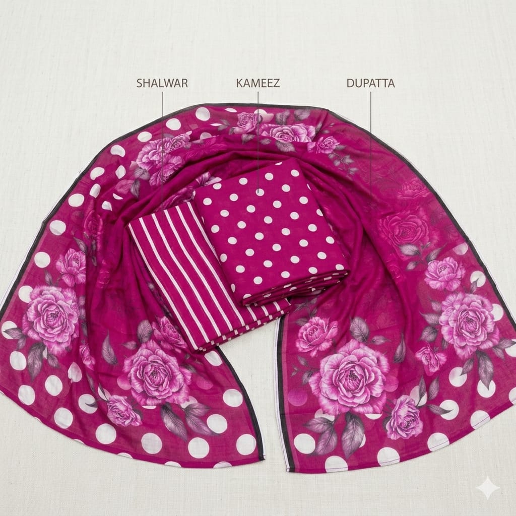 Premium 3-Piece Summer Lawn Unstitched Suit – Elegant Magenta Floral, Polka Dot & Stripe Pattern