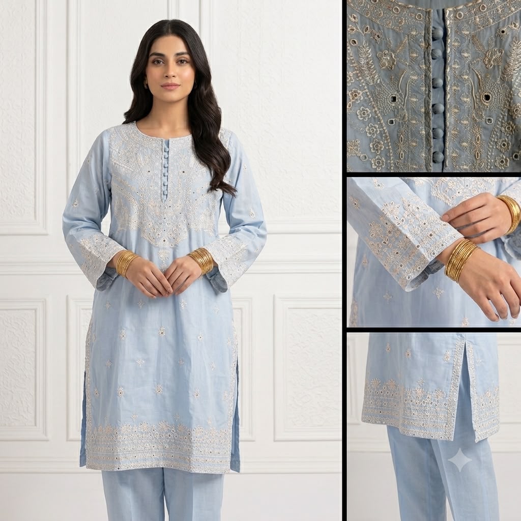Ice Breeze – Chikankari Inspired Embroidered Cotton Set