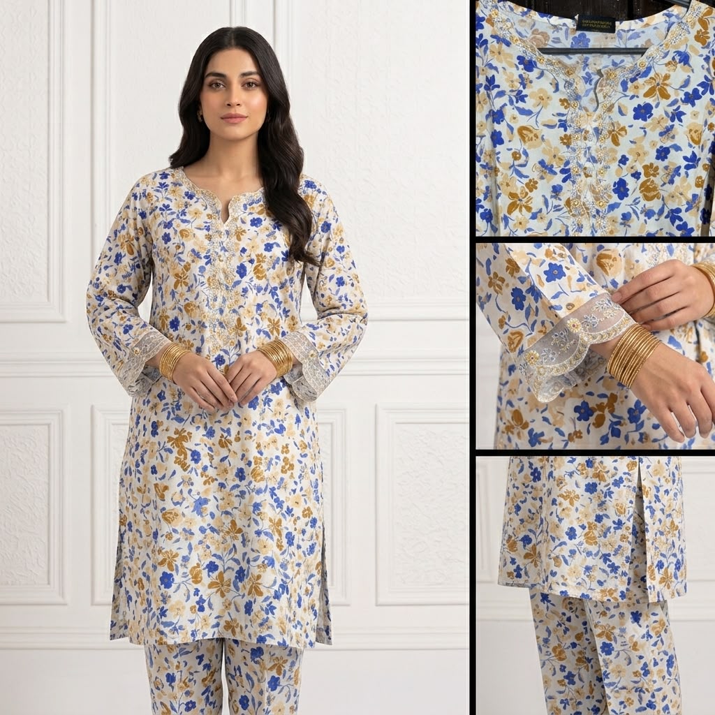 Ivory Bloom – Printed Cotton Co-Ord Set with Organza Details
