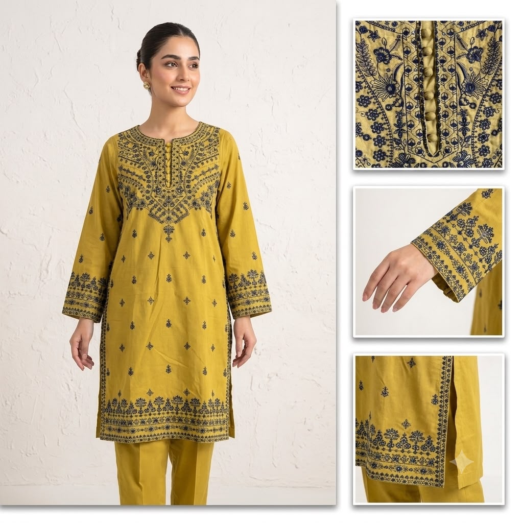 Mustard Indigo" – Heavily Embroidered Cotton Kurta Set