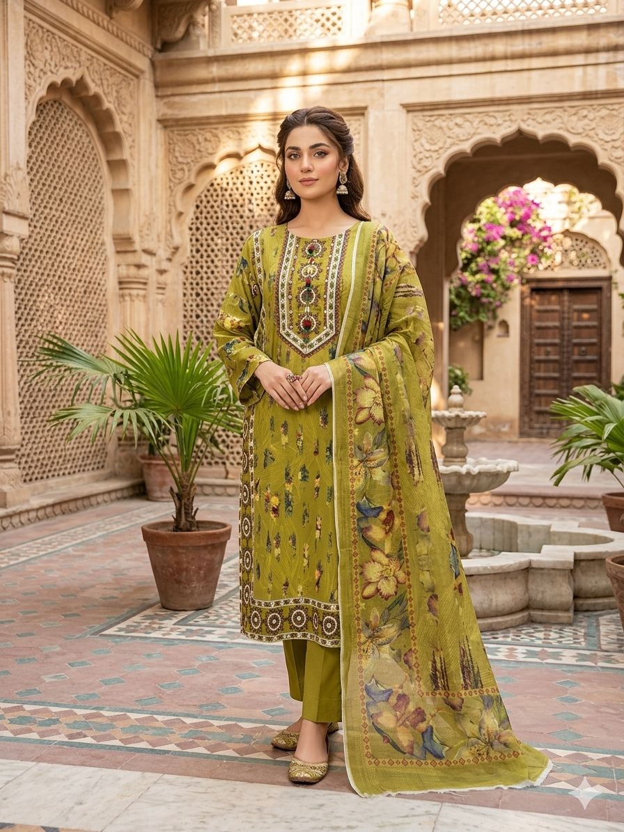A Midnight Ivory Elegance – Embroidered Lawn Suit In Golden Yellow