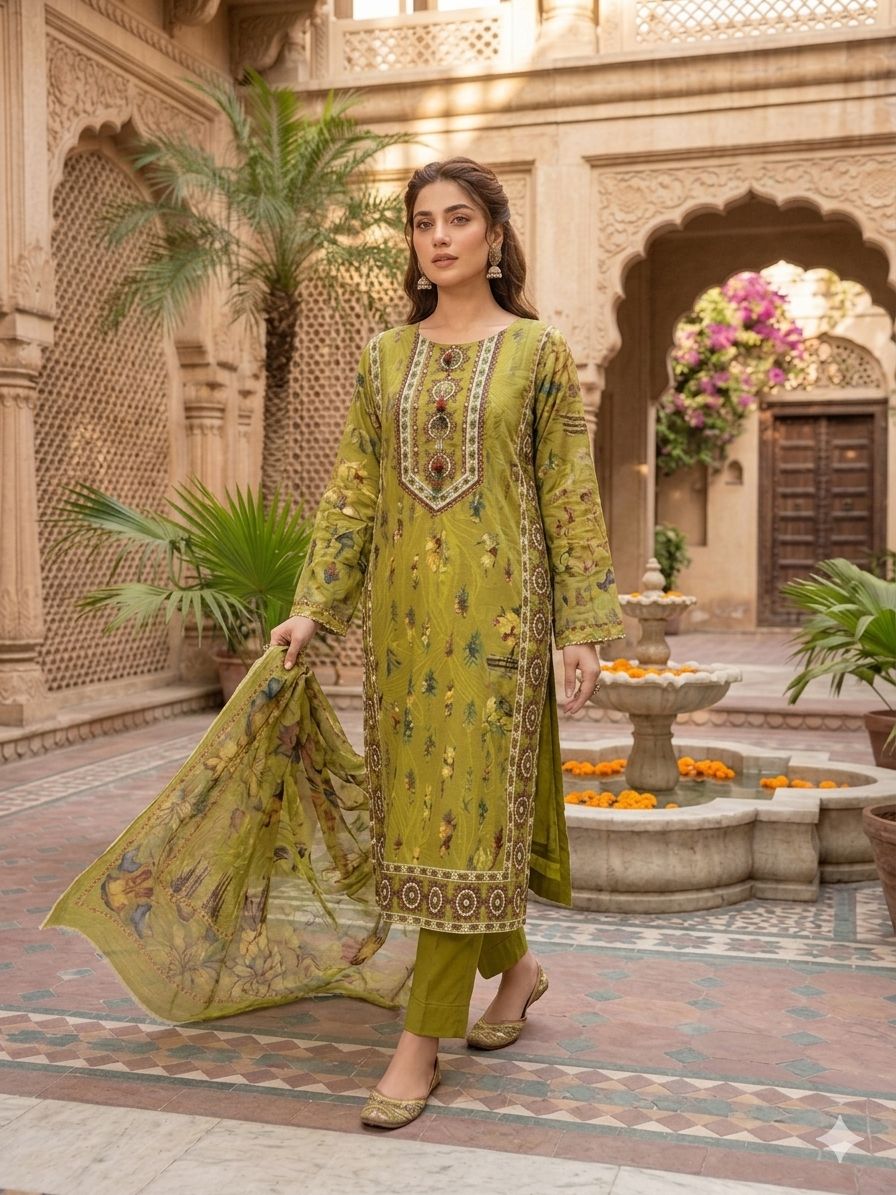 A Midnight Ivory Elegance – Embroidered Lawn Suit In Golden Yellow