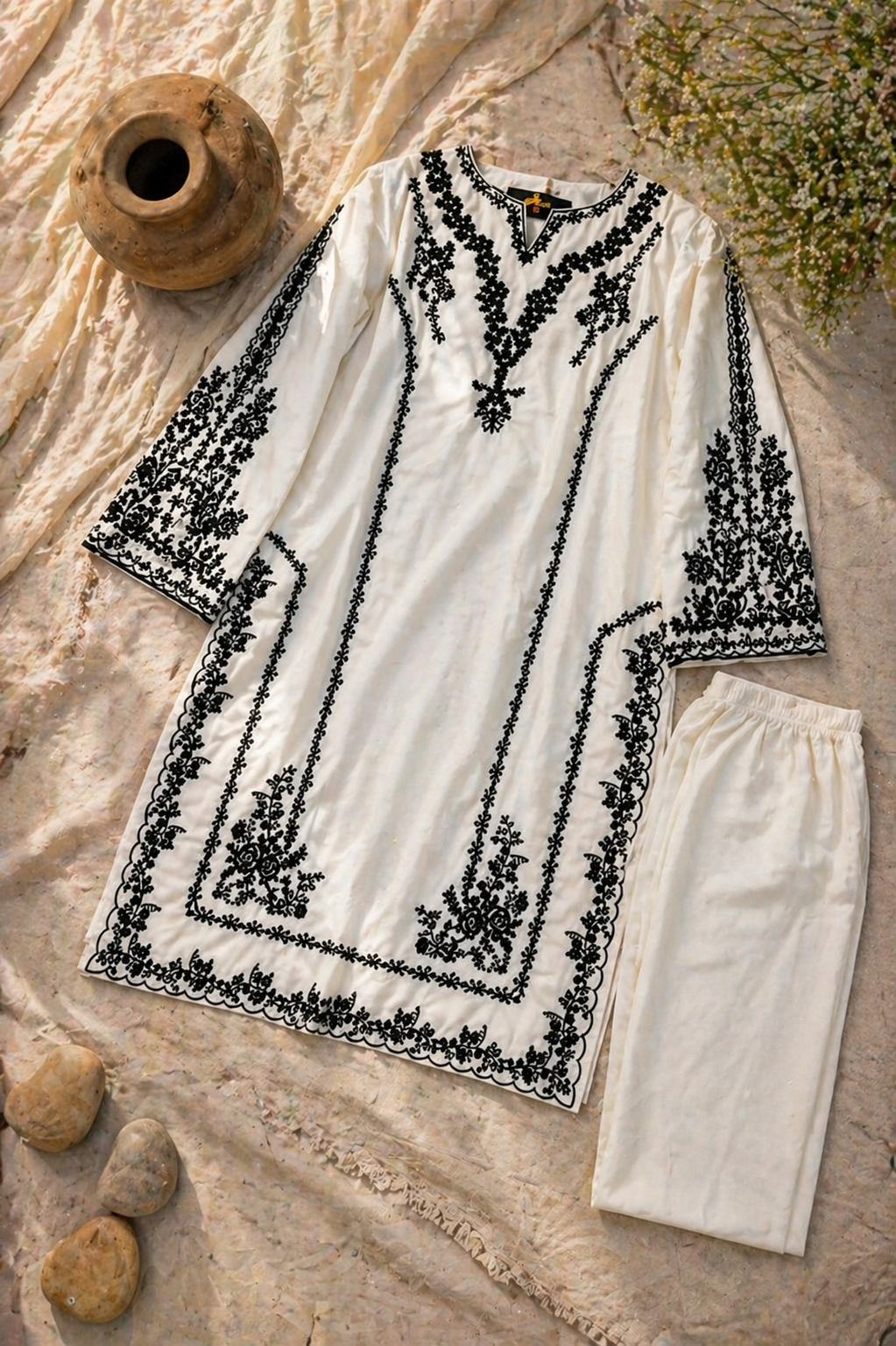 A Midnight Ivory Elegance – Embroidered Lawn Suit